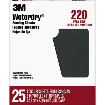 3M™ Wetordry™ Sanding Sheets 99422Na, 9 In X 11 In, 220 Grit, 25 Sheets/Pk, 10 Pks/Cs 1