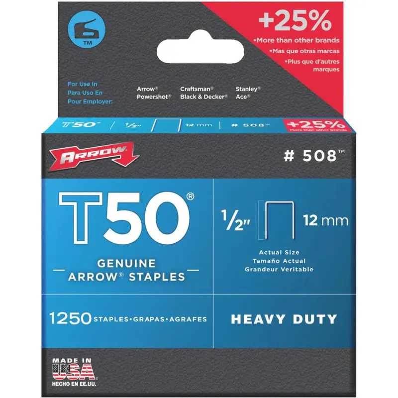 Arrow T50 Heavy-Duty Staple, 1/2 In. (1250-Pack) 1