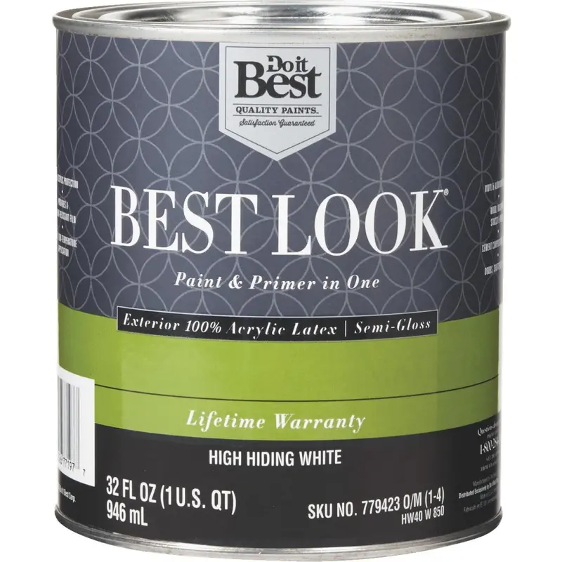 Best Look 100% Acrylic Latex Paint & Primer In One Semi-Gloss Exterior House Paint, High Hiding White, 1 Qt. 1