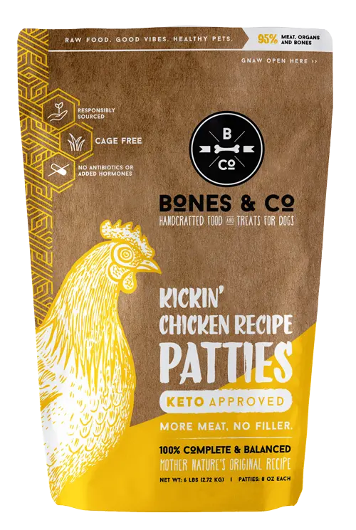 Bones & Co. Kickin' Chicken Recipe Raw Frozen Patties Dog Food 1