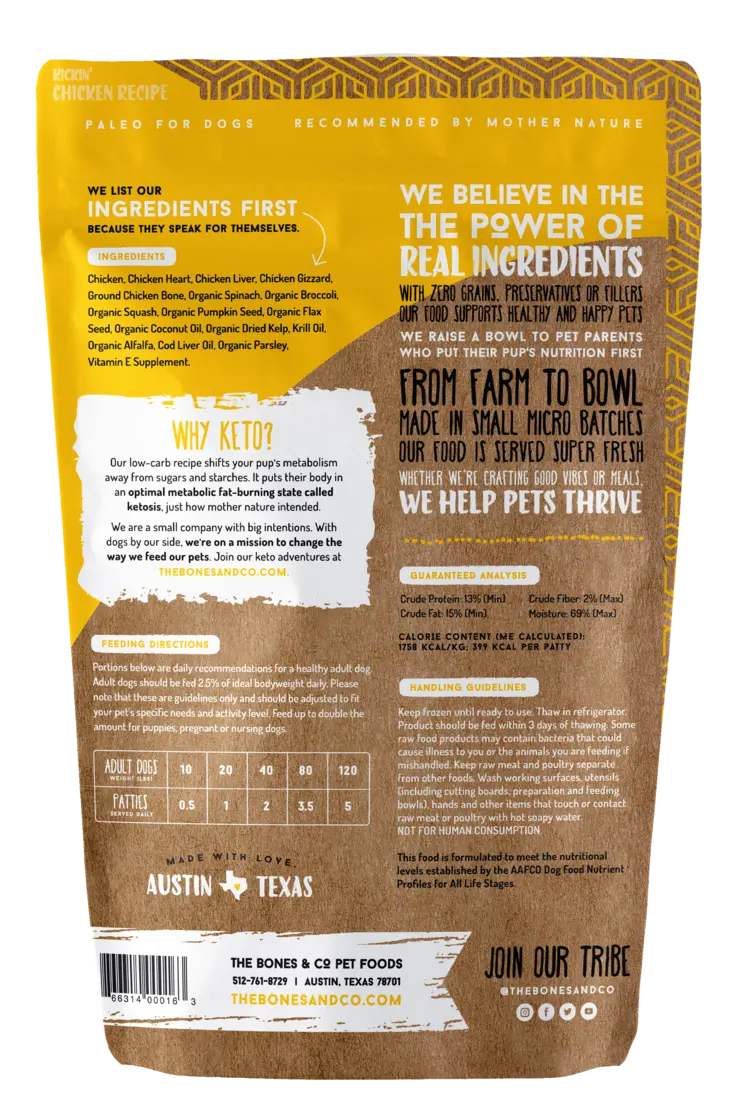 Bones & Co. Kickin' Chicken Recipe Raw Frozen Patties Dog Food 2