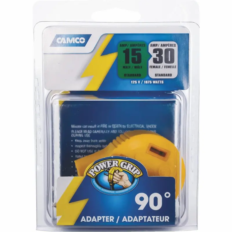 Camco Power Grip 15A Male To 30A Female 90 Deg Rv Plug Adapter 1