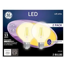 Decorative Globe Led Light Bulbs, Soft White, Clear, 250 Lumens, 2.8-Watts, 2-Pk. 1