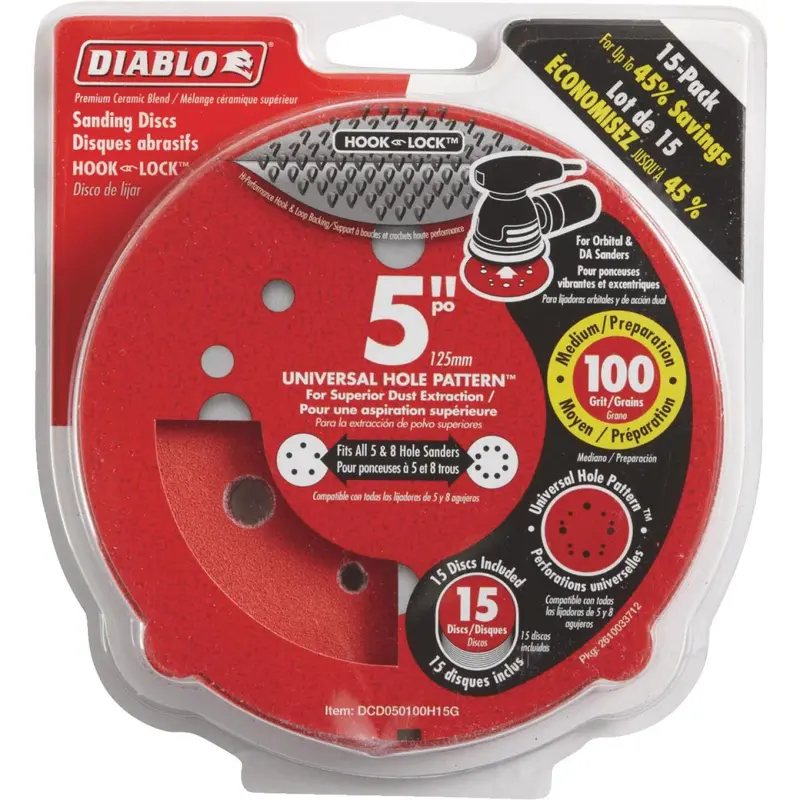 Diablo 5 In. 100-Grit Universal Hole Pattern Vented Sanding Disc With Hook And Lock Backing (15-Pack) 1
