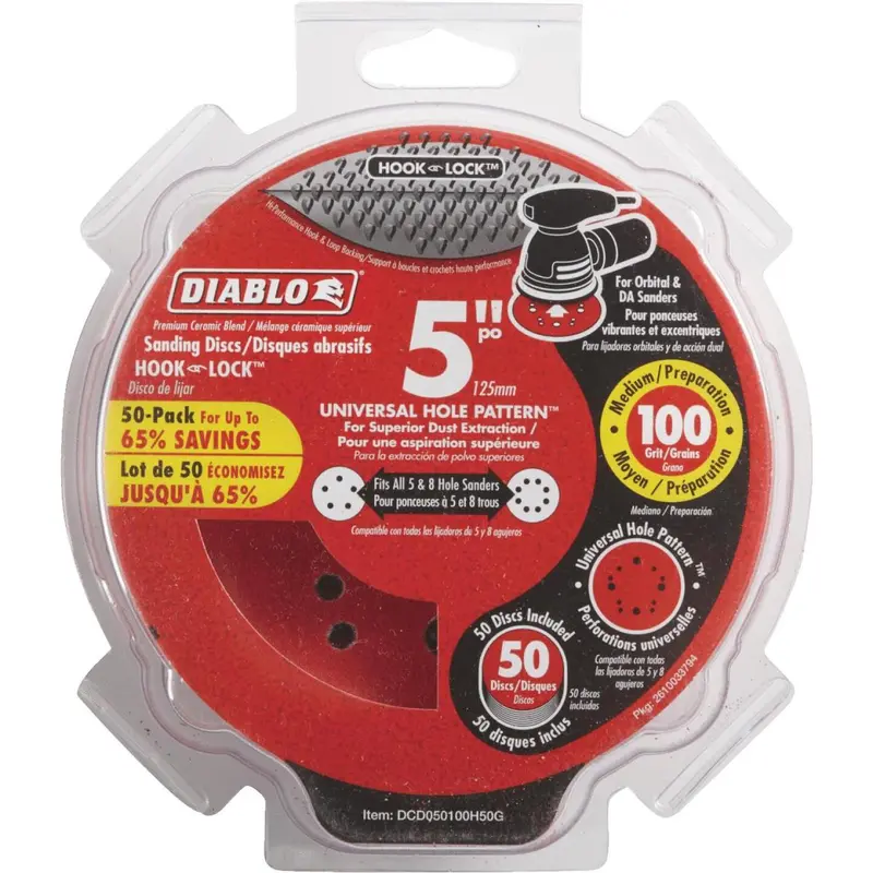 Diablo 5 In. 100-Grit Universal Hole Pattern Vented Sanding Disc With Hook And Lock Backing (50-Pack) 1