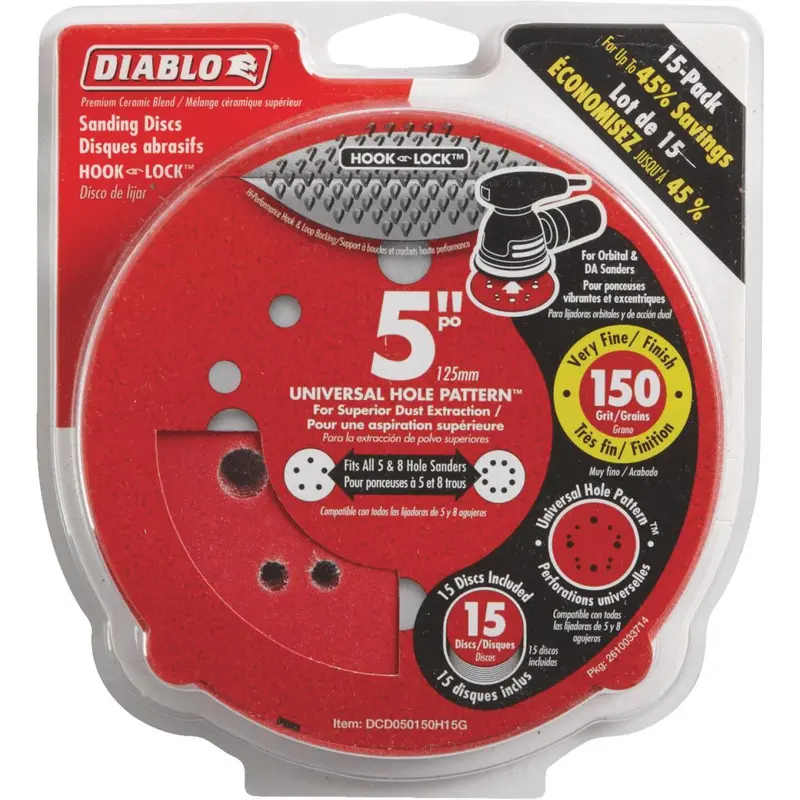 Diablo 5 In. 150-Grit Universal Hole Pattern Vented Sanding Disc With Hook And Lock Backing (15-Pack) 1