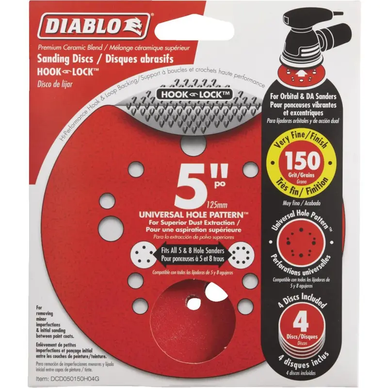 Diablo 5 In. 150-Grit Universal Hole Pattern Vented Sanding Disc With Hook And Lock Backing (4-Pack) 1