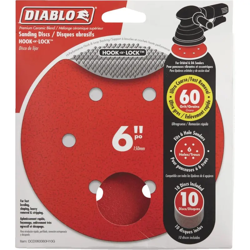 Diablo 6 In. 60-Grit 6-Hole Pattern Vented Sanding Disc With Hook And Lock Backing (10-Pack) 1