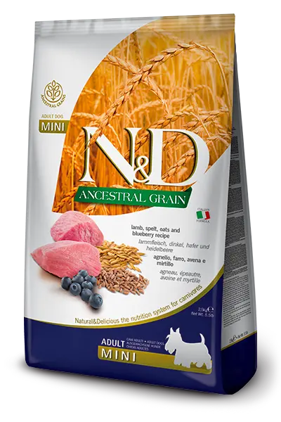Farmina N&D Ancestral Grain Canine Lamb & Blueberry Adult Mini Food 1