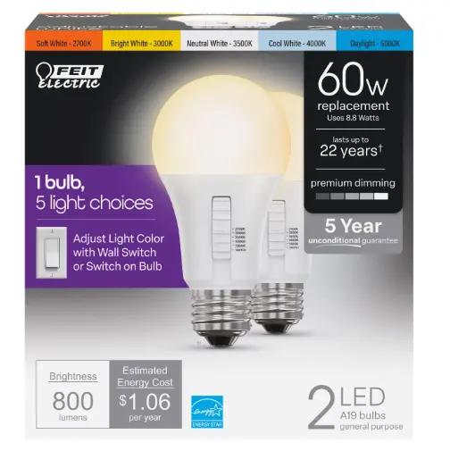 Feit Electric A19 Led Light Bulb, 60W Equivalent, Dimmable, Color Selectable 6-Way, 5Cct, E26 Medium Base, 90 Cri, 800 Lumens, 22-Year Lifetime, Damp Rated Lightbulb Om60dm/6Wyca/2 1