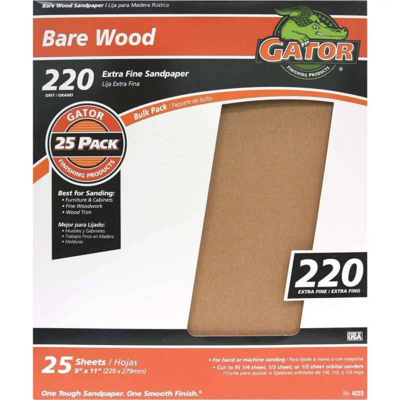 Gator Bare Wood 9 In. X 11 In.. 220 Grit Extra Fine Sandpaper (25-Pack) 1