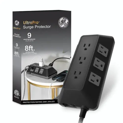 Ge 9-Outlet 8Ft. Surge Protector With Adapter-Spaced Outlets Black 1