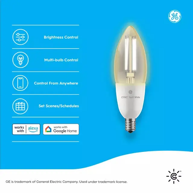 Ge Cync Smart Led Light Bulb, Soft White Decorative Candle Light, Works With Alexa And Google Home, Small Candelabra Base 2