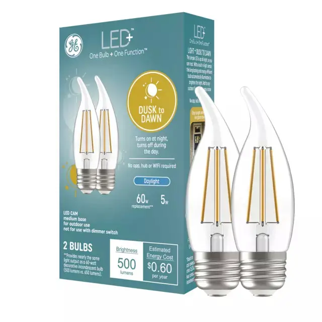 Ge Led+ Dusk To Dawn Led Light Bulbs, Security Lights, 60 Watt Replacement, Medium Base, Decorative Candle Bulbs, Daylight (2 Pack) 1