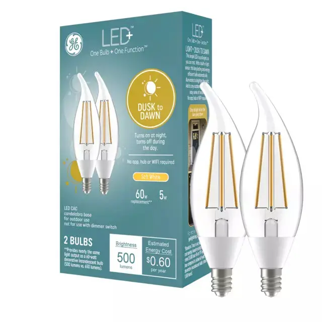 Ge Led+ Dusk To Dawn Light Bulbs, Security Lights, 60 Watt Replacement, Decorative Candle Bulbs, Candelabra Small Base, Soft White 1