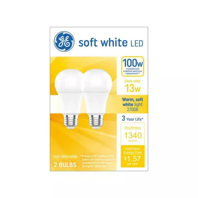 Ge Led Light Bulbs, A19 General Purpose Bulbs, 100 Watt Replacement, Soft White (2 Pack) 1