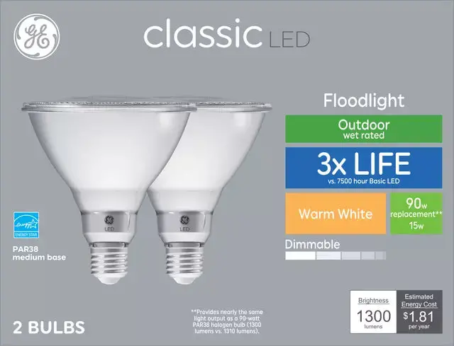 Ge Lighting Classic Warm White 90W Replacement Led Light Bulb Outdoor Floodlight Par38 (2-Pack) 1