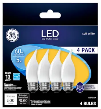 Ge Lighting Led Flame Shape Light Bulb, Medium Base, Warm White, Frosted, 5 Watt, 4-Pk. 1