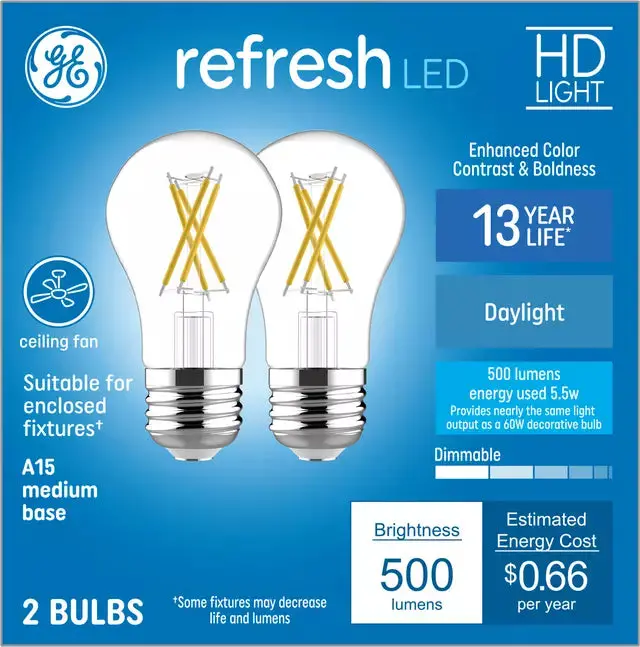Ge Refresh Hd Led 60 Watt Replacement, Daylight, A15 Ceiling Fan Bulbs (2 Pack) 1