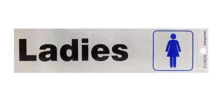Hillman Ladies Room Sign, Black/Blue Lettering On Nickel Back 1