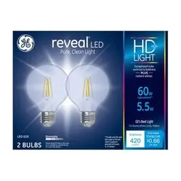 Led Reveal Globe Light Bulbs, Clear Pure White, 500 Lumens, 5.5-Watts, 2-Pk. 1