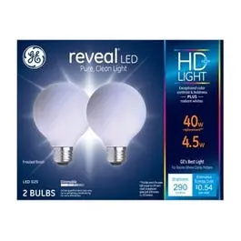 Led Reveal Globe Light Bulbs, G25, Frosted Pure White, 290 Lumens, 4.5-Watts, 2-Pk. 1