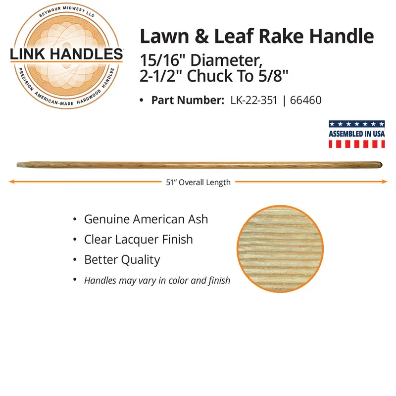 Link Handles 51" Lawn Rake And Leaf Rake Handle, Clear Finish, 15/16" Diameter, Chucked To 5/8 In. 1