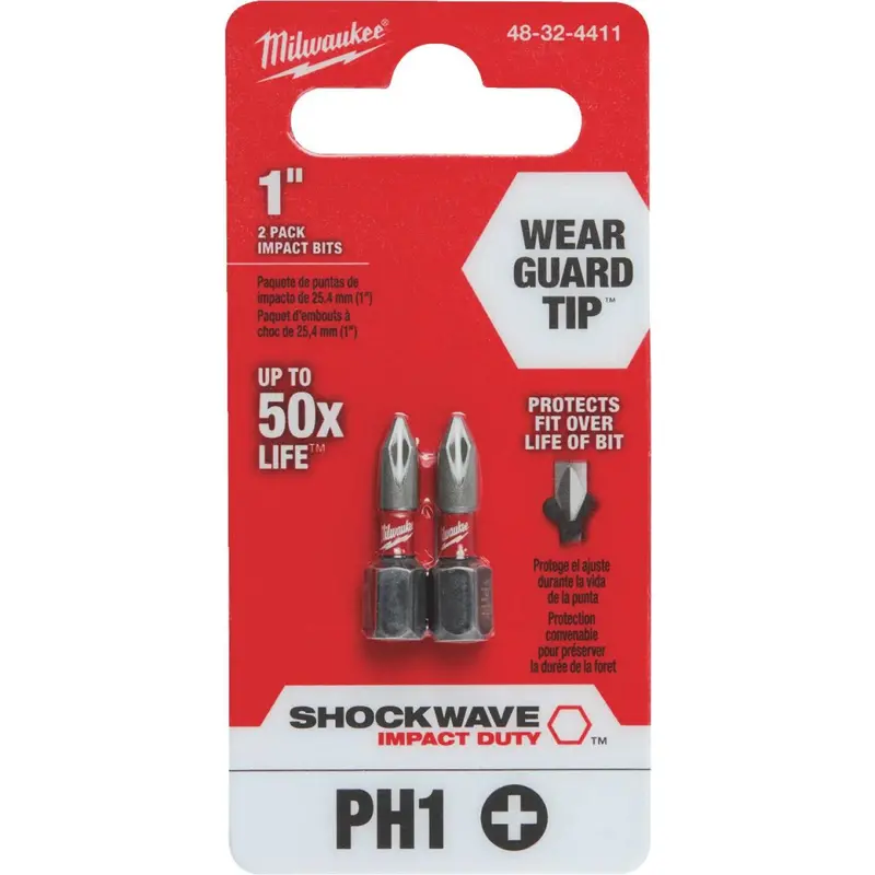 Milwaukee Shockwave #1 Phillips 1 In. Insert Impact Screwdriver Bit (2-Pack) 1