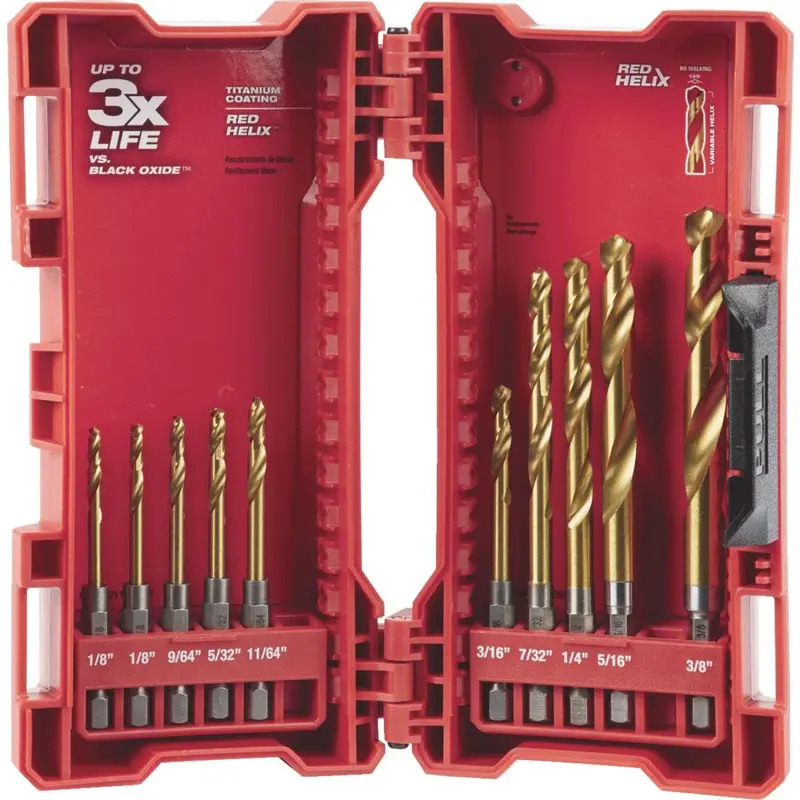 Milwaukee Shockwave 10-Piece Impact Duty Titanium Hex Shank Drill Bit Set, 1/8 In. Thru 3/8 In. 1