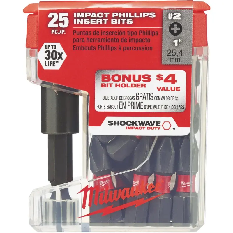 Milwaukee Shockwave #2 Insert Impact Screwdriver Bit With Magnetic Holder (25-Pack) 1