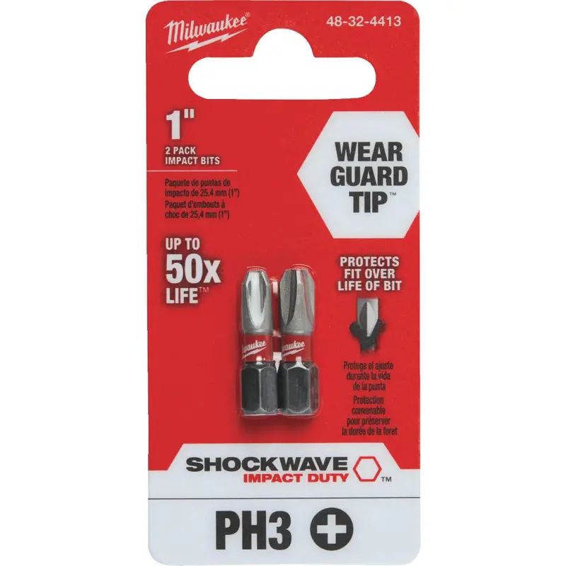 Milwaukee Shockwave #3 Phillips 1 In. Insert Impact Screwdriver Bit (2-Pack) 1