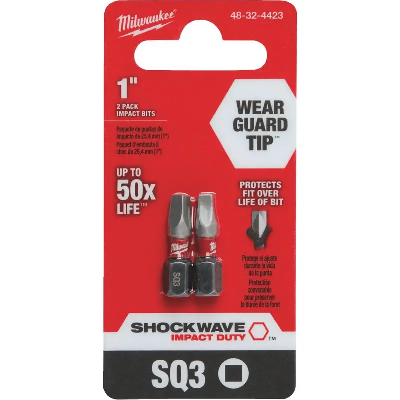 Milwaukee Shockwave #3 Square Recess 1 In. Insert Impact Screwdriver Bit (2-Pack) 1