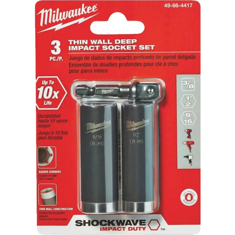Milwaukee Shockwave Standard 3/8 In. Adapter, 1/2 In. & 9/16 In. Drive 6-Point Thin Wall Deep Impact Driver Set (3-Piece) 1