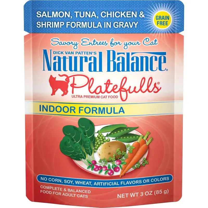 Natural Balance Platefulls Indoor Grain Free Salmon Tuna Chicken And Shrimp In Gravy Pouch Wet Cat Food 1