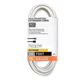 Outdoor Extension Cord, 16/3, Sjtw, White, 20-Ft. 1