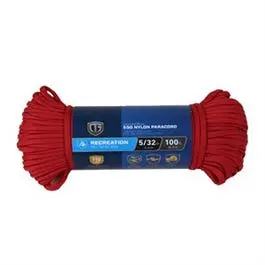 Para Cord 550 Nylon Rope, Red, 5/32-In. X 100-Ft. 1