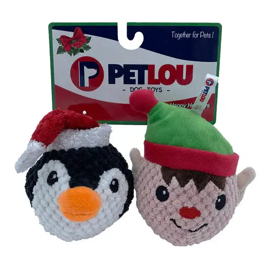 Petlou Christmas Ez Squeaky Twin Pack Ball - Penguin & Elf Dog Toys 1