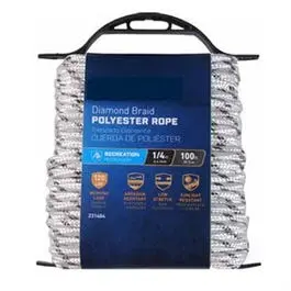 Polypropylene Rope, Diamond Braid, White/Gray, 1/4-In. X 100-Ft. 1