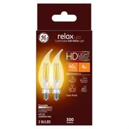 Relax Hd Decorative Led Light Bulbs, Candelabra Base, Soft White, Clear, Dimmable, 300 Lumens, 4-Watts, 2-Pk. 1