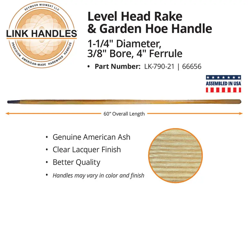 Seymour Link Handle 60" Level Head Rake And Garden Hoe Handle, 1-1/4" Diameter, Ferruled, 3/8" Bore 1