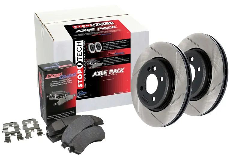 Stoptech 934.33062 Street Axle Brake Kit – Slotted Rotors, Front & Rear 1