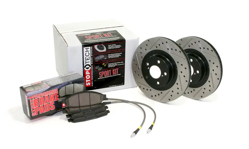 Stoptech 978.40017R Rear Sport Axle Pack – Drilled & Slotted Rotors With Stainless Brake Lines Included 1