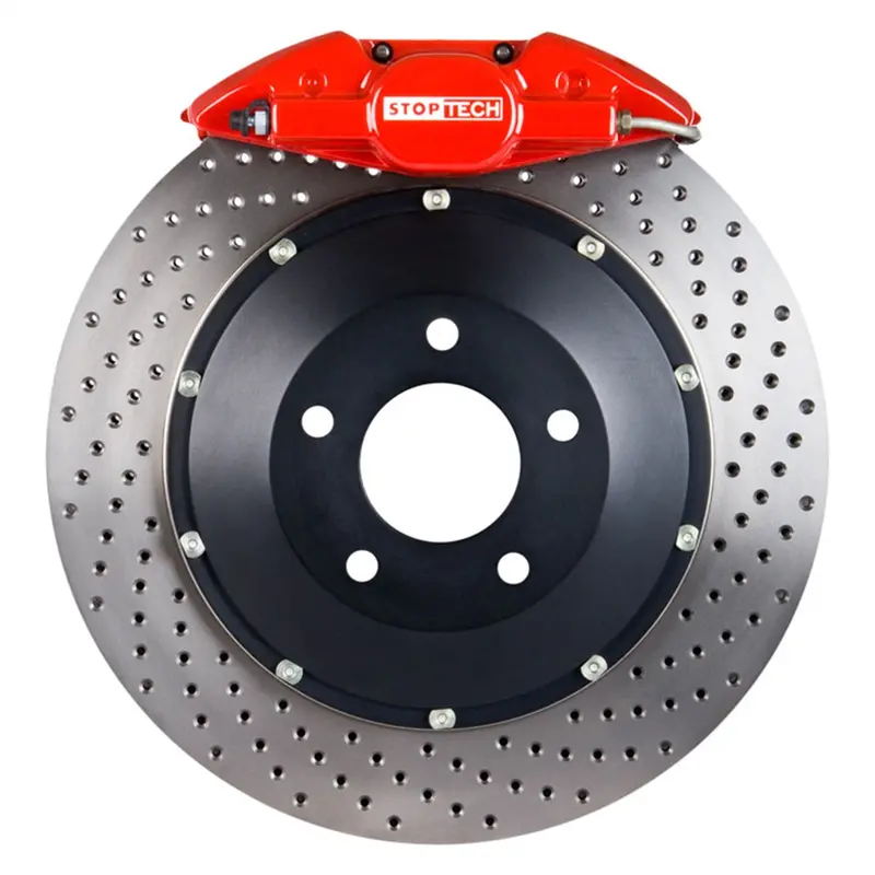 Stoptech Big Brake Kit – Rear Drilled Two-Piece Rotors With Red Calipers 1